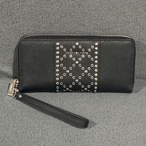Michael Kors Big Wristlet Wallet Black Saffiano Leather Studded Zip Around